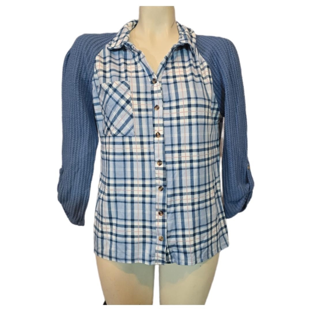 Blue Plaid Knit-Sleeve Button-Front‎ Women’s Top